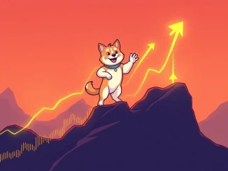 A Floki Inu character on a rising crypto chart, symbolizing Floki (FLOKI) technical indicators signaling a potential bullish breakout.