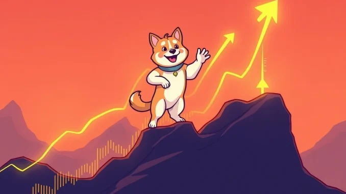A Floki Inu character on a rising crypto chart, symbolizing Floki (FLOKI) technical indicators signaling a potential bullish breakout.