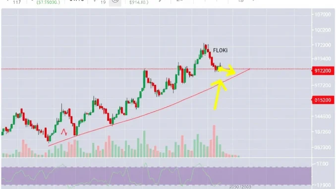 A FLOKI price chart showing a strong rebound from the 0.618 Fibonacci level, illustrating the potential for FLOKI price prediction targets.