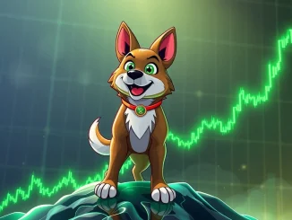 A FLOKI character on a rising chart, symbolizing FLOKI's remarkable price recovery and potential target.