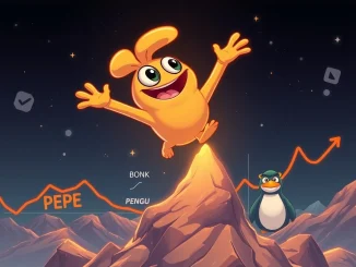 FloppyPepe character soaring above charts representing struggling BONK, PEPE, and Pengu, illustrating the contrasting meme coin market performance.