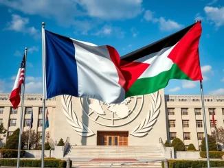 A visual representation of France's diplomatic move to recognize Palestinian statehood at the UN General Assembly, symbolizing efforts towards Middle East peace.
