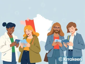 An illustration showing the remarkable surge in French crypto adoption, with people using digital assets for everyday payments, as revealed by a Kraken survey.