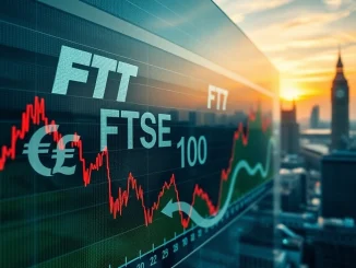 A rising stock market chart depicting the FTSE 100 reaching unprecedented record highs, symbolizing robust capital inflows and market growth.