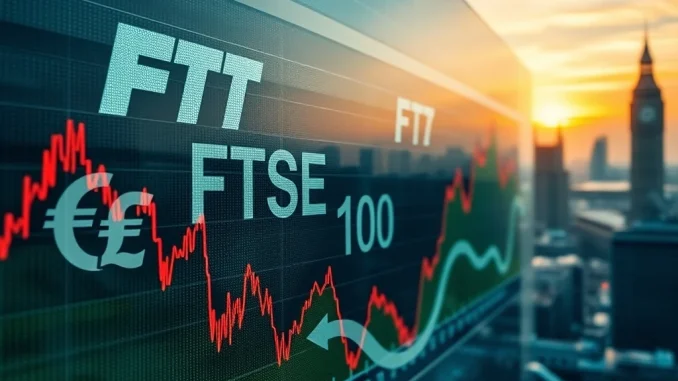A rising stock market chart depicting the FTSE 100 reaching unprecedented record highs, symbolizing robust capital inflows and market growth.