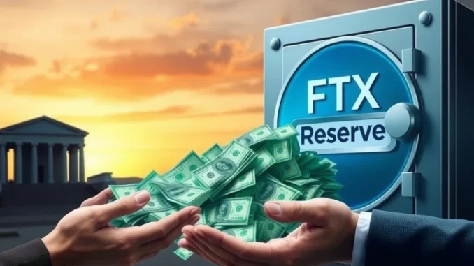 Illustrates the FTX creditor payout process, showing funds released from a reserve to creditors, symbolizing a significant step in FTX's recovery.