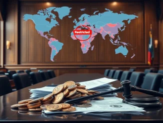 Illustrating the complex FTX foreign claims dispute, a gavel rests on a world map highlighting restricted countries, symbolizing legal challenges.