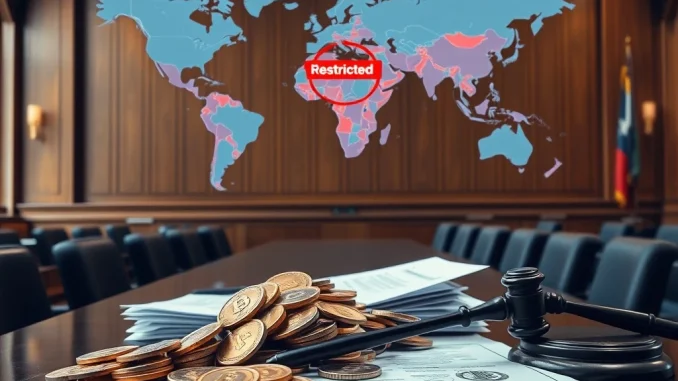FTX's Crucial Delay: Unpacking the $470 Million Foreign Claims Dispute Illustrating the complex FTX foreign claims dispute, a gavel rests on a world map highlighting restricted countries, symbolizing legal challenges.