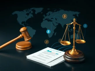 A judge's gavel and global map symbolizing the FTX liquidation breakthrough, allowing cross-border claims for creditors.