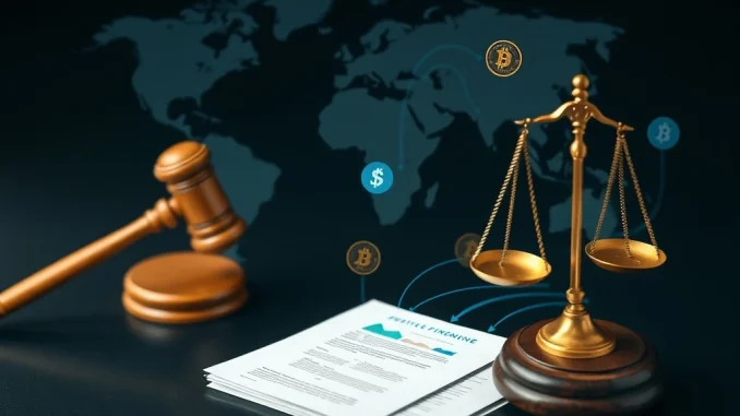 A judge's gavel and global map symbolizing the FTX liquidation breakthrough, allowing cross-border claims for creditors.