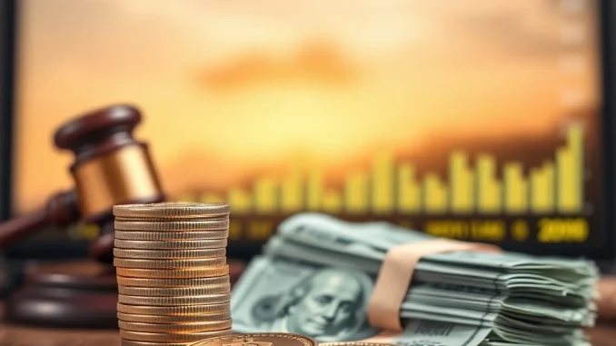 A stack of crypto coins and cash, symbolizing the significant FTX payout for crypto creditors after a major claims reduction.