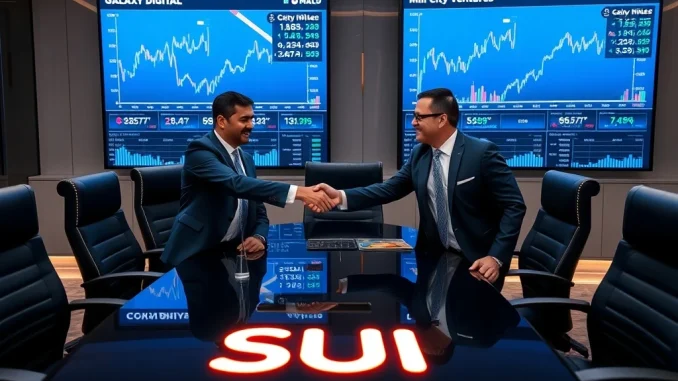 Galaxy Digital and Mill City Ventures executives finalize a strategic SUI investment partnership, symbolizing growth in digital asset management.