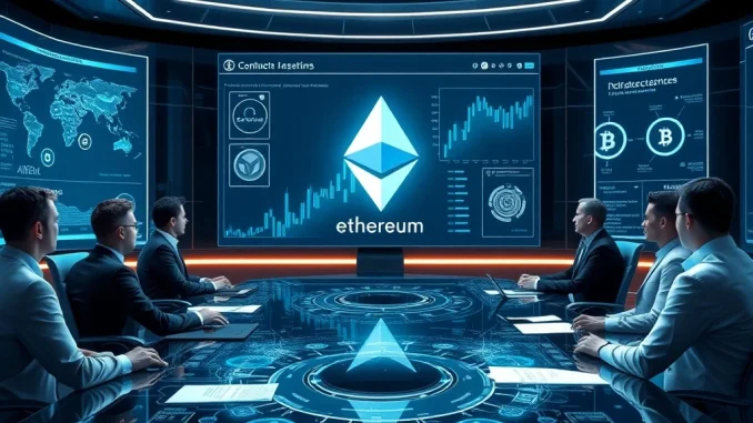 GameSquare executives strategizing over Ethereum investments in a high-tech boardroom