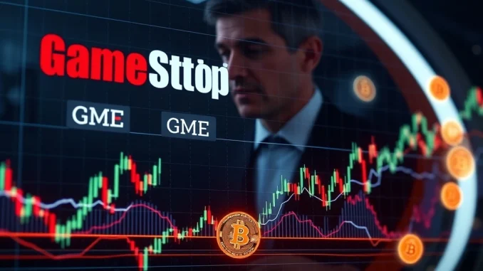 GameStop stock chart showing declining volatility, mirroring Bitcoin's price stability as observed by Bill Gross.
