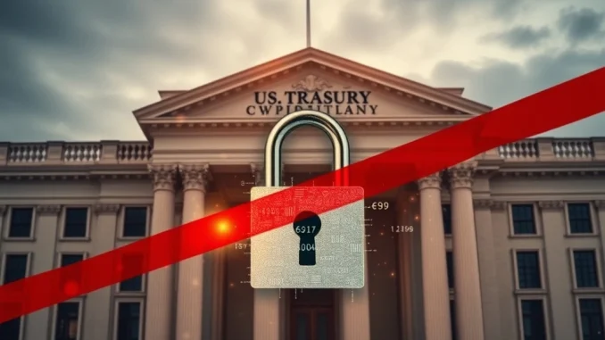 A visual representation of the U.S. Treasury's enforcement actions, with blockchain elements and a focus on Garantex sanctions, symbolizing financial regulation.