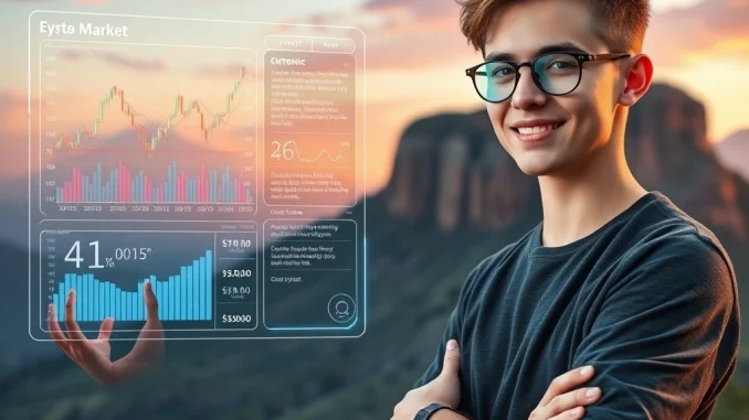 A young Gen Z crypto trader confidently uses AI tools on a digital interface, symbolizing how AI helps Gen Z crypto traders avoid panic selling in volatile markets.