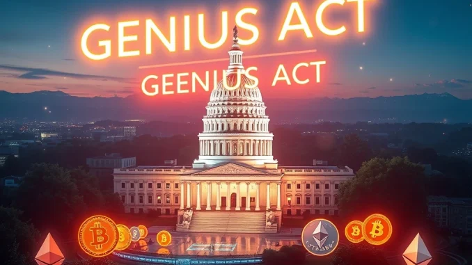 GENIUS Act and crypto market regulation with digital assets and U.S. Capitol backdrop
