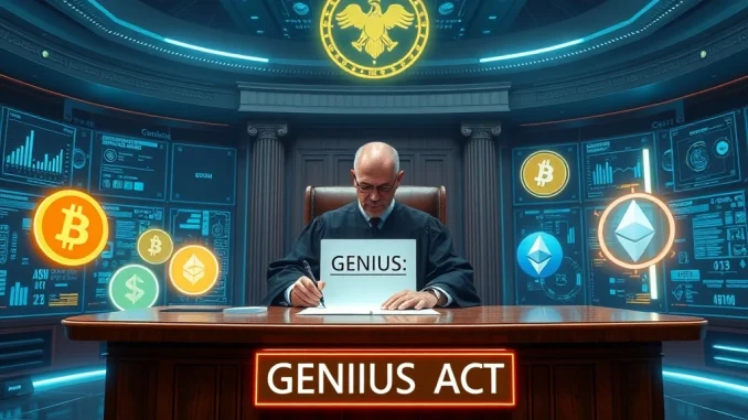 GENIUS Act signing ceremony with crypto symbols in the background