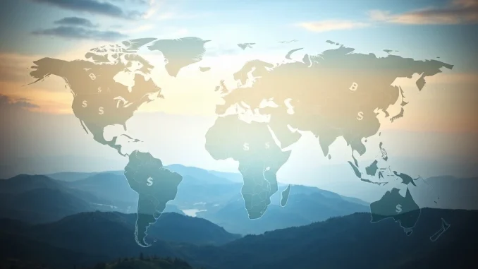 A visual representation of global geopolitical impact on financial markets, particularly crypto market stability, showing interconnectedness.