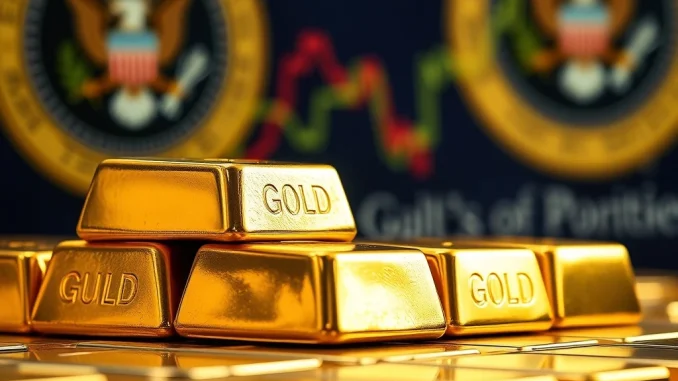 Golden bars representing surging gold prices after President Trump's tariff decision, illustrating market impact.