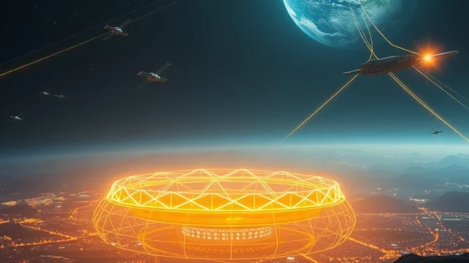 A golden dome structure symbolizing the Golden Dome program, protecting a city with advanced missile defense technology.