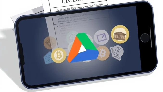 Illustrates Google Play Store's new strict licensing requirements for crypto wallets, showing digital wallets behind a compliance barrier.