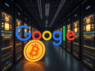 Depicts Google's strategic $3.7 billion Google TeraWulf deal in Bitcoin mining, symbolizing tech giant's crypto investment.