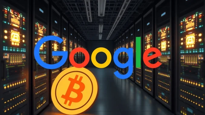 Depicts Google's strategic $3.7 billion Google TeraWulf deal in Bitcoin mining, symbolizing tech giant's crypto investment.