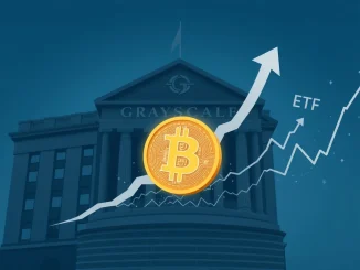 Grayscale's headquarters with an upward arrow and Bitcoin symbol, representing its confidential IPO filing and ongoing Bitcoin ETF conversion efforts amidst a leadership reshuffle.