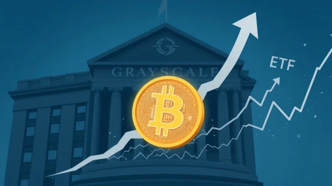 Grayscale's headquarters with an upward arrow and Bitcoin symbol, representing its confidential IPO filing and ongoing Bitcoin ETF conversion efforts amidst a leadership reshuffle.