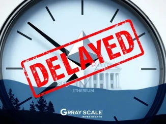Illustrating the SEC's extended decision on the Grayscale spot ETH ETF, highlighting the delay for Ethereum staking.