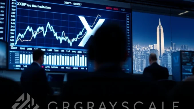 A digital screen displays the XRP logo and financial charts, symbolizing Grayscale's proposed XRP ETF filing and its potential market impact.