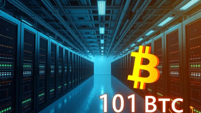 Greenidge Bitcoin Mining Unveils 110 BTC Production in Q2 An industrial-scale Bitcoin mining facility operating, with the Greenidge logo subtly visible, illustrating Greenidge Bitcoin Mining operations and their Q2 production.