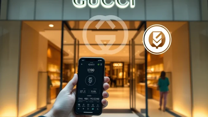 Gucci store embracing crypto payments, symbolizing luxury brand crypto adoption with ETH and DOGE logos.