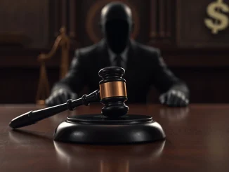 A courtroom scene depicting the gravity of a legal ruling, symbolizing the upheld 5-year sentence for the man who stabbed the Haru Invest CEO.