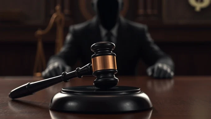 A courtroom scene depicting the gravity of a legal ruling, symbolizing the upheld 5-year sentence for the man who stabbed the Haru Invest CEO.