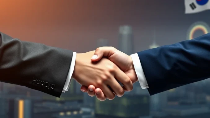 Hashed KODA executives shaking hands, symbolizing Hashed's strategic investment in Korea Digital Asset, strengthening crypto custody.