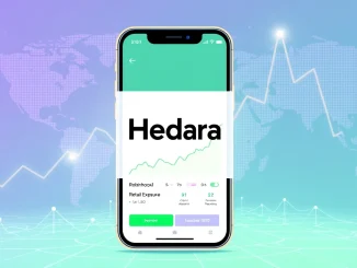 A dynamic illustration showing the Hedera HBAR logo on a mobile screen, representing its 7% surge after the HBAR Robinhood listing and increased crypto retail exposure.