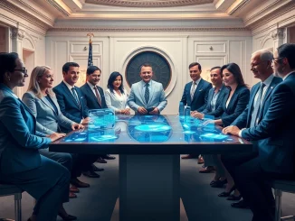 A group of U.S. health officials and tech executives collaborating to advance healthcare interoperability and secure patient data sharing.