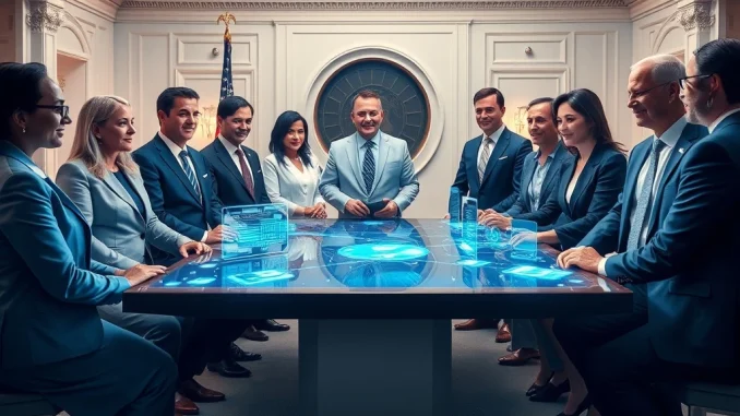 A group of U.S. health officials and tech executives collaborating to advance healthcare interoperability and secure patient data sharing.