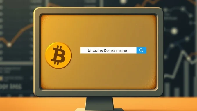 A vintage computer screen displaying 'Bitcoin.com' with a golden glow, symbolizing the rare Bitcoin domains up for auction.