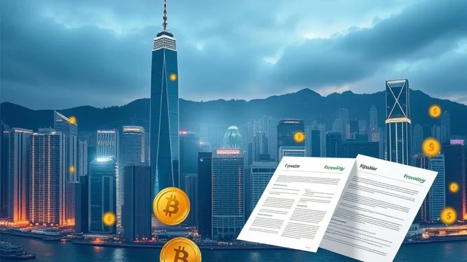 HKMA halts stablecoin licenses in Hong Kong skyline with digital currency symbols