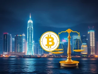 A digital representation of Hong Kong's skyline with legal scales and blockchain elements, highlighting the strict Hong Kong Crypto Law impacting stablecoin regulation.
