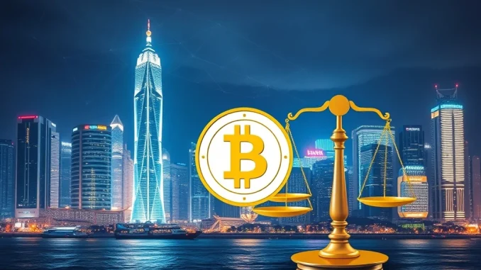 A digital representation of Hong Kong's skyline with legal scales and blockchain elements, highlighting the strict Hong Kong Crypto Law impacting stablecoin regulation.