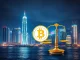 A digital representation of Hong Kong's skyline with legal scales and blockchain elements, highlighting the strict Hong Kong Crypto Law impacting stablecoin regulation.