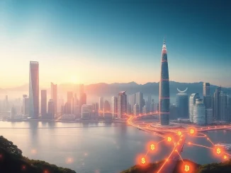 Futuristic skyline representing the booming Hong Kong crypto market and South Korean interest in virtual asset development.