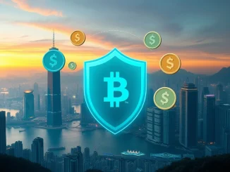 Hong Kong stablecoin regulations protect investors, featuring a shield over digital assets in a cityscape.