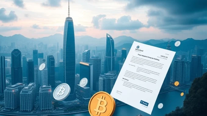 Hong Kong skyline with digital currency symbols representing stablecoin regulations and innovation