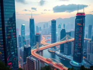 Illustrates the record Hong Kong Stock Connect capital inflow, showing money flowing from mainland China to Hong Kong's financial hub.