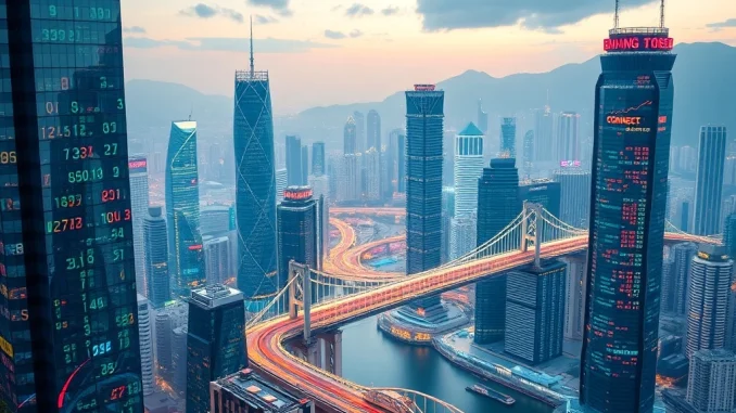 Illustrates the record Hong Kong Stock Connect capital inflow, showing money flowing from mainland China to Hong Kong's financial hub.